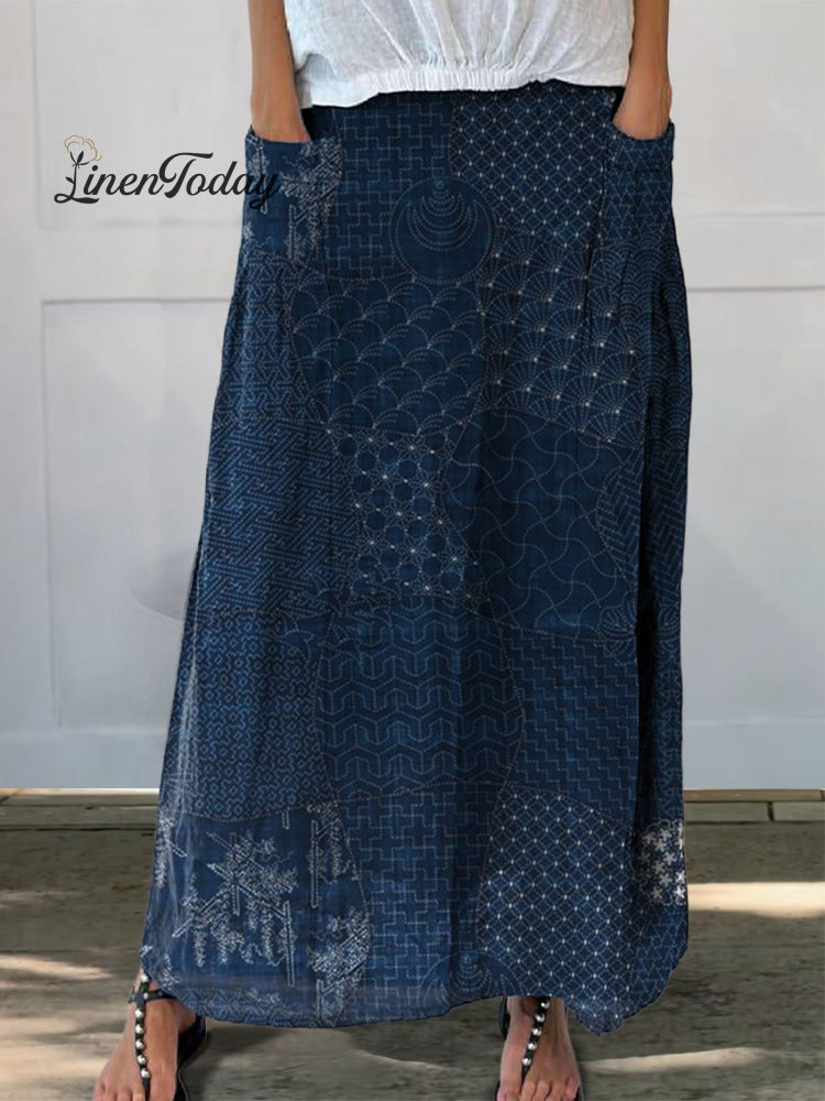 Women's  Japanese Art Print Linen Pocket Skirt