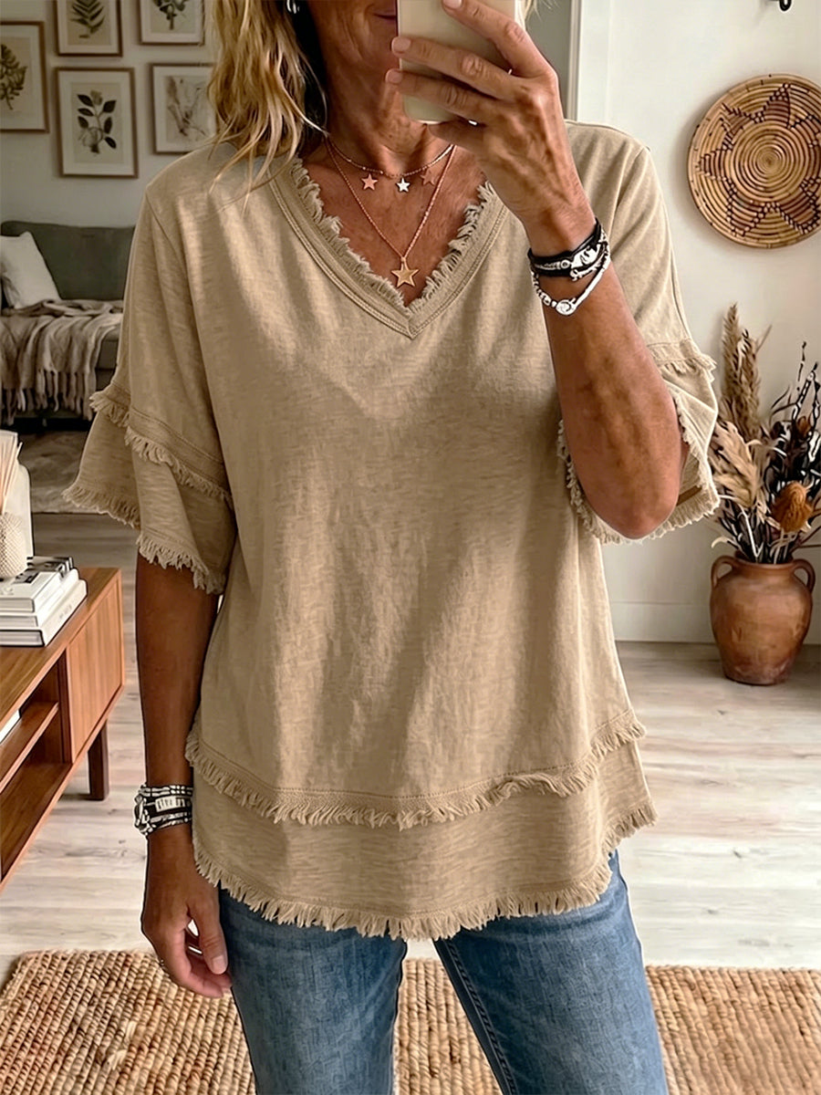 🌷Vintage Frayed V-Neck Linen Top