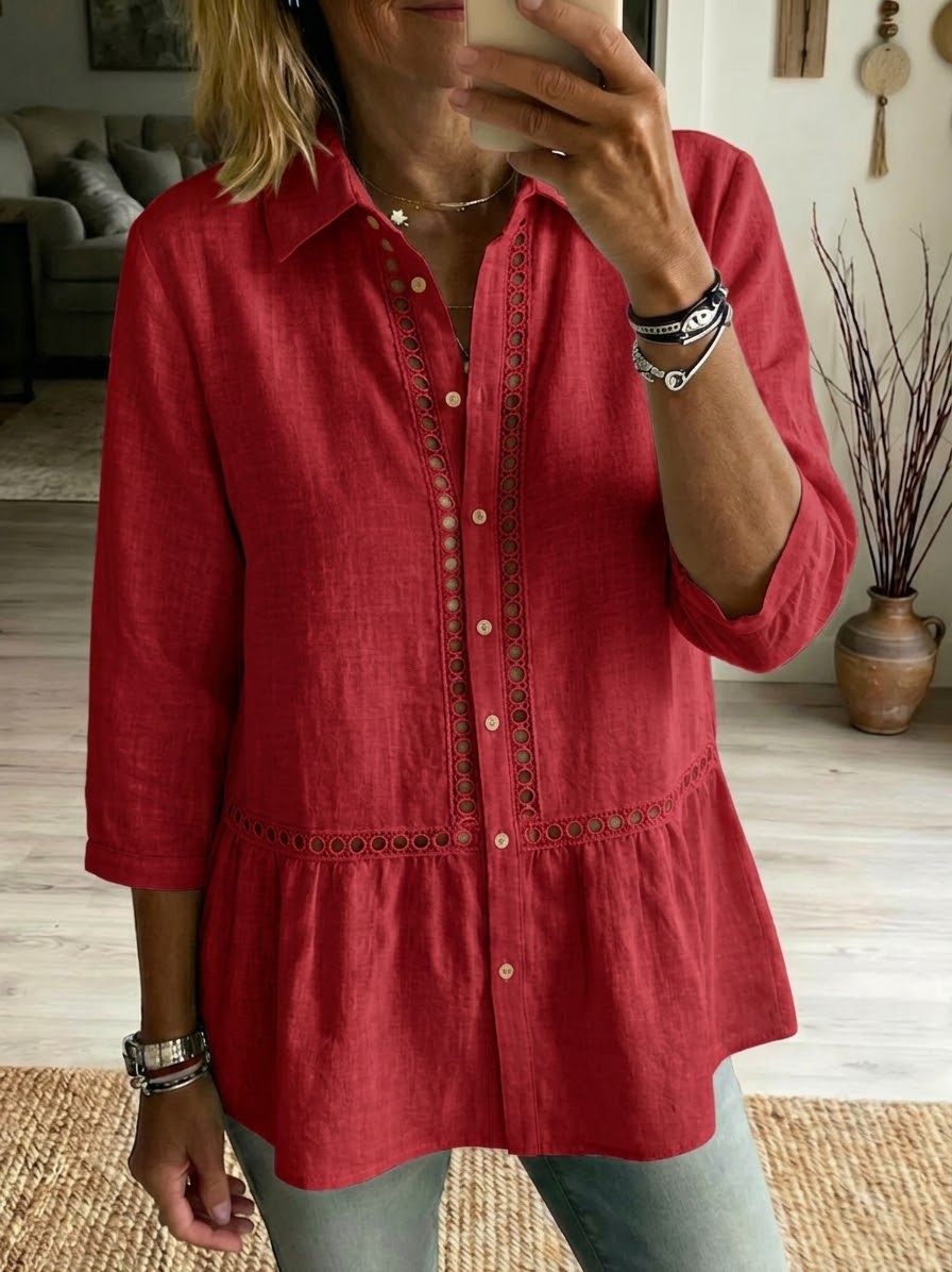 Effortless Bohemian Linen Blend Top with Delicate Hollow-Out Detail
