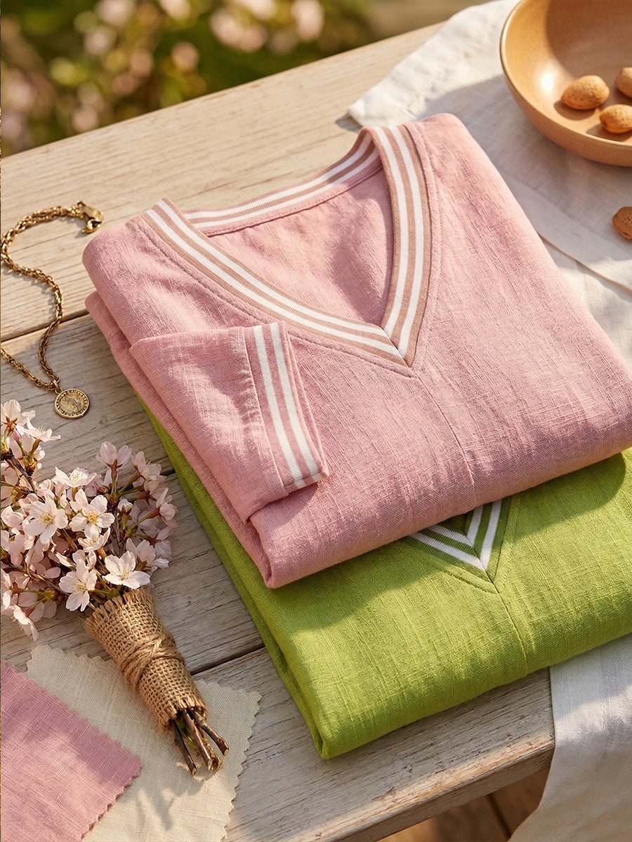 🎁New Arrivals🔥 Cozy Loose-fit V Neck Striped Cotton Linen Jumpsuit