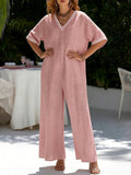🎁New Arrivals🔥 Cozy Loose-fit V Neck Striped Cotton Linen Jumpsuit