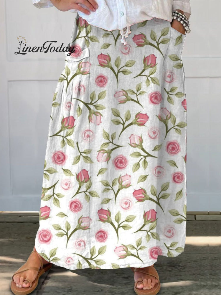 Women's  Rose Floral Print Linen Pocket Skirt