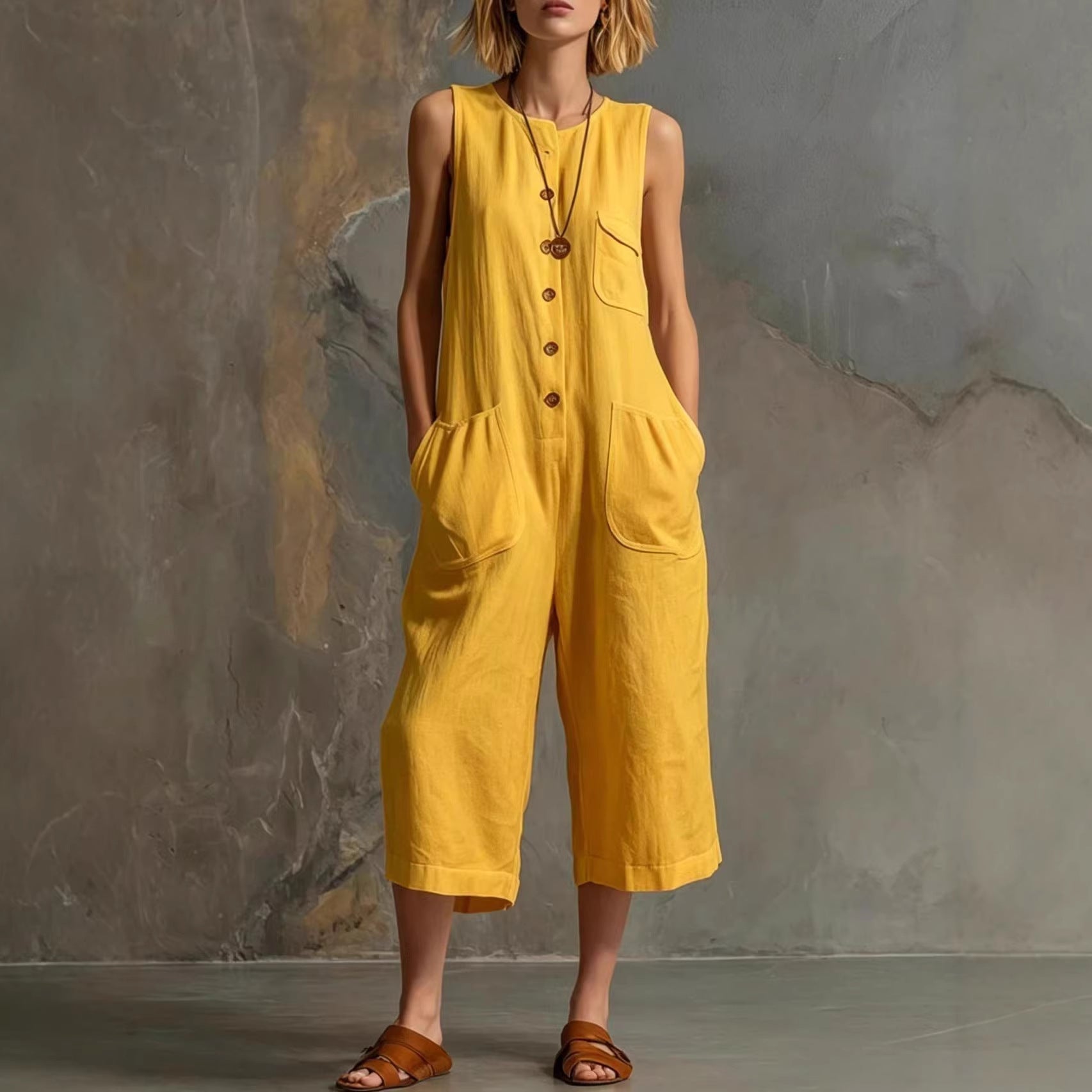🌷Retro Sleeveless Cotton-Linen Wide-Leg Cropped Jumpsuit