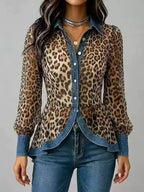 🎁New Arrivals🔥Women's Leopard Print Stand-collar Short-sleeve Casual Loose Denim Cardigan With Chiffon Paneling