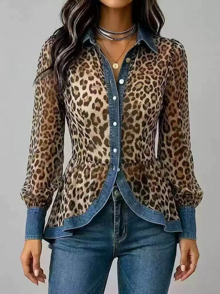 🎁New Arrivals🔥Women's Leopard Print Stand-collar Short-sleeve Casual Loose Denim Cardigan With Chiffon Paneling