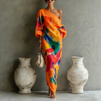 🌷🌷Women's Artistic Print One-shoulder Maxi Dress