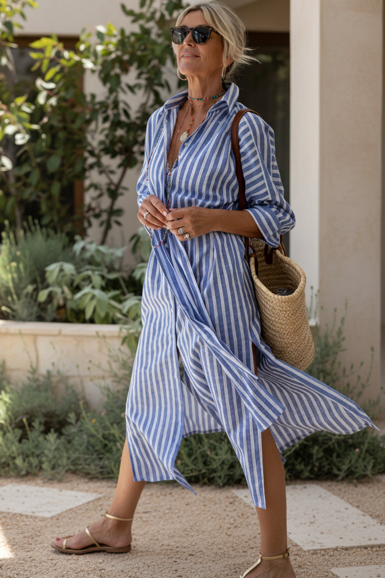 🌷Classic Striped Lace-Up Shirt Dress