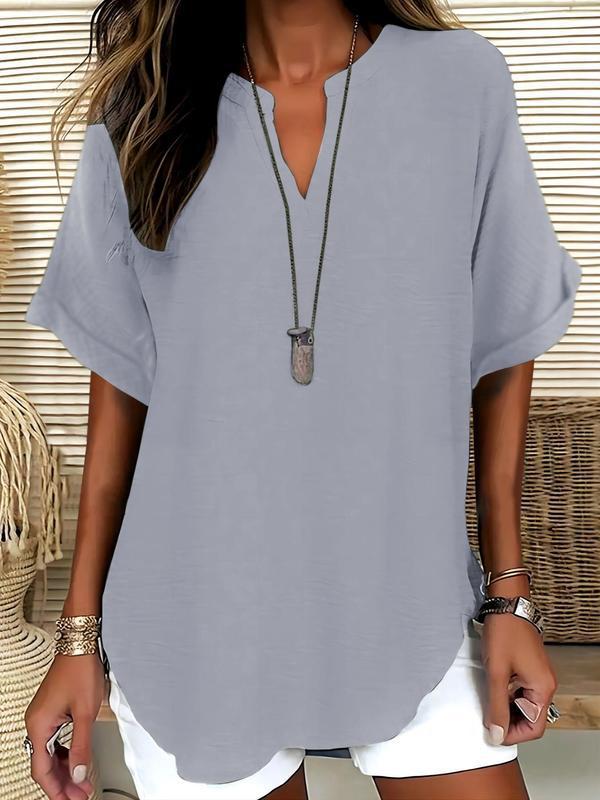 📦📦LAST DAY SAVE 49% ⏰Women's Plain Short Sleeve Blouse, Casual Solid Color Top for Daily Wear, Ladies Clothes for All Seasons