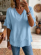 🌷Vintage Frayed V-Neck Linen Top