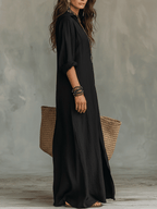 🌷🌷Black Button-Front Bohemian Shirt Maxi Dress