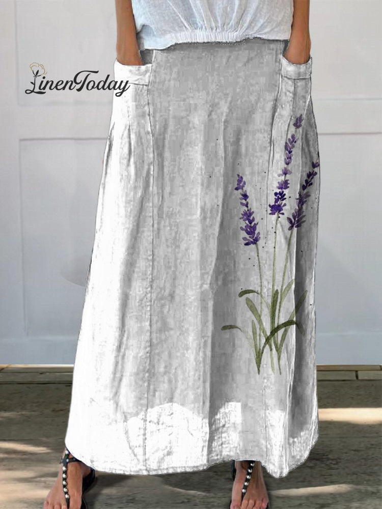 Watercolor Lavender Floral Printed Women's Linen Pocket Skirt