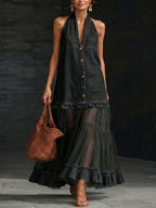 📦📦LAST DAY SAVE 49% ⏰Stylish Elegant Organza-Paneled Denim Maxi Dress