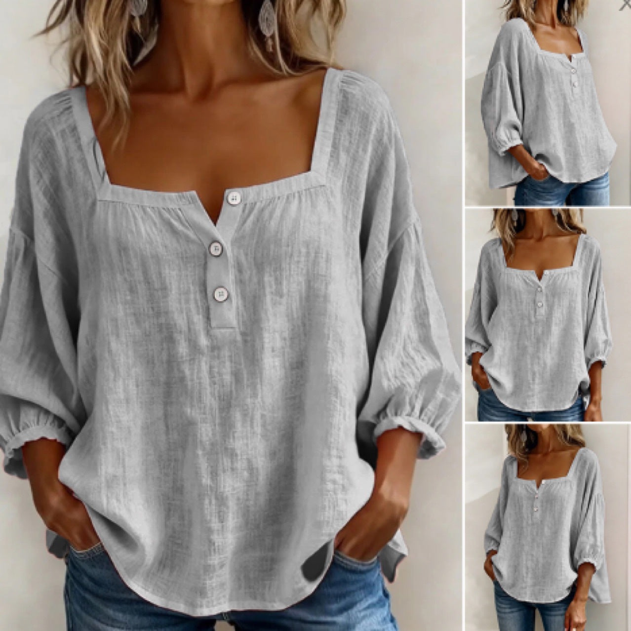🎁New Arrivals🔥Pink Square-Neck Half-Button Shirt