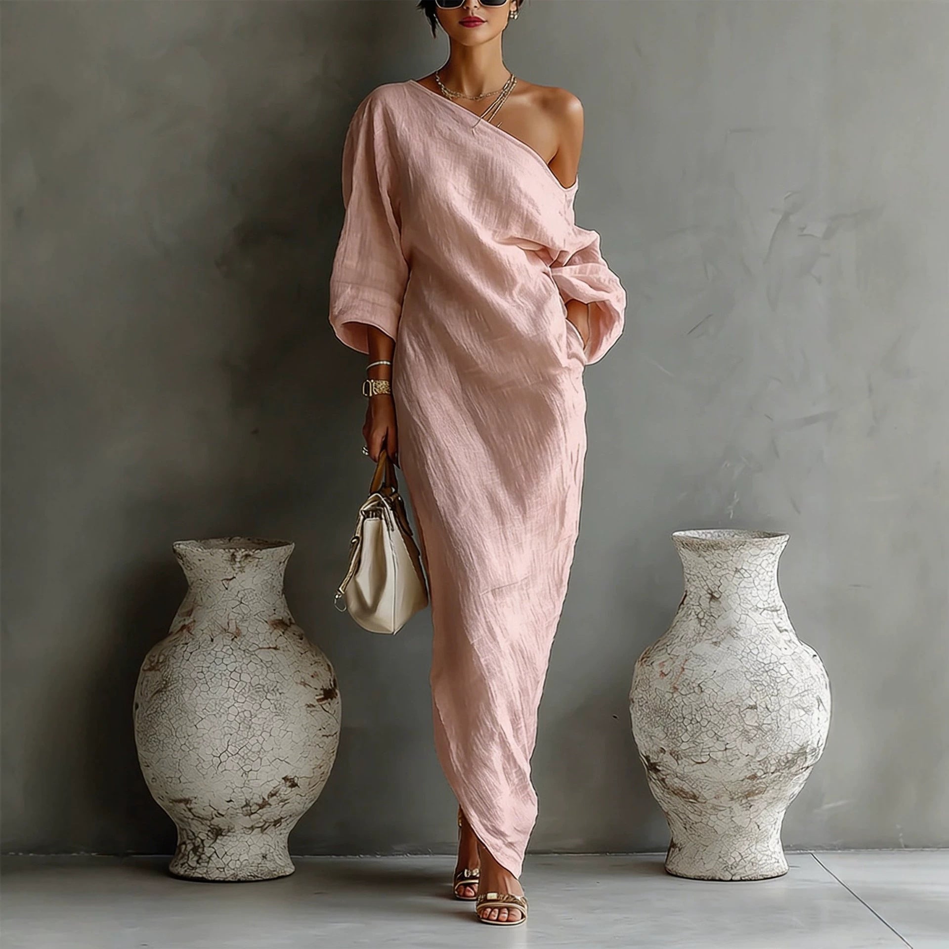 🌷🌷Women's Artistic Print One-shoulder Maxi Dress