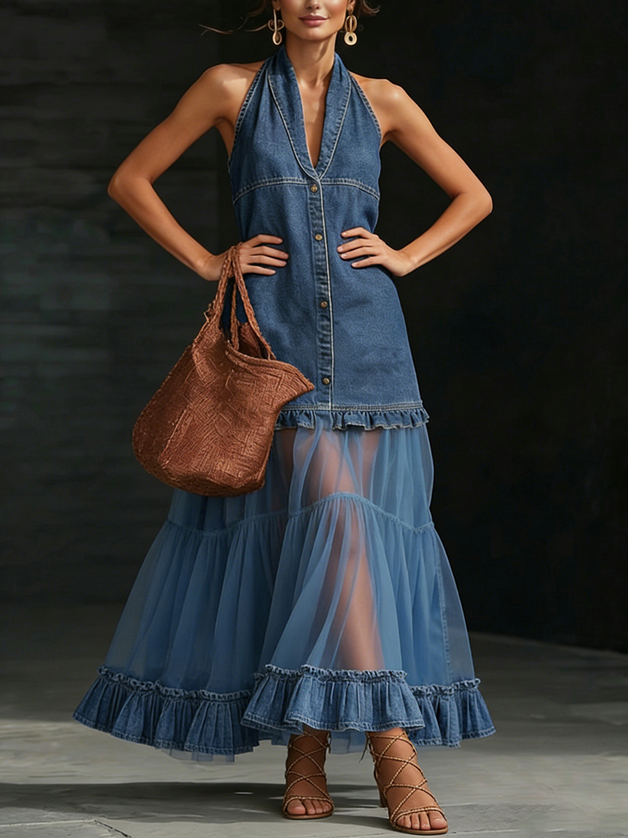 📦📦LAST DAY SAVE 49% ⏰Stylish Elegant Organza-Paneled Denim Maxi Dress