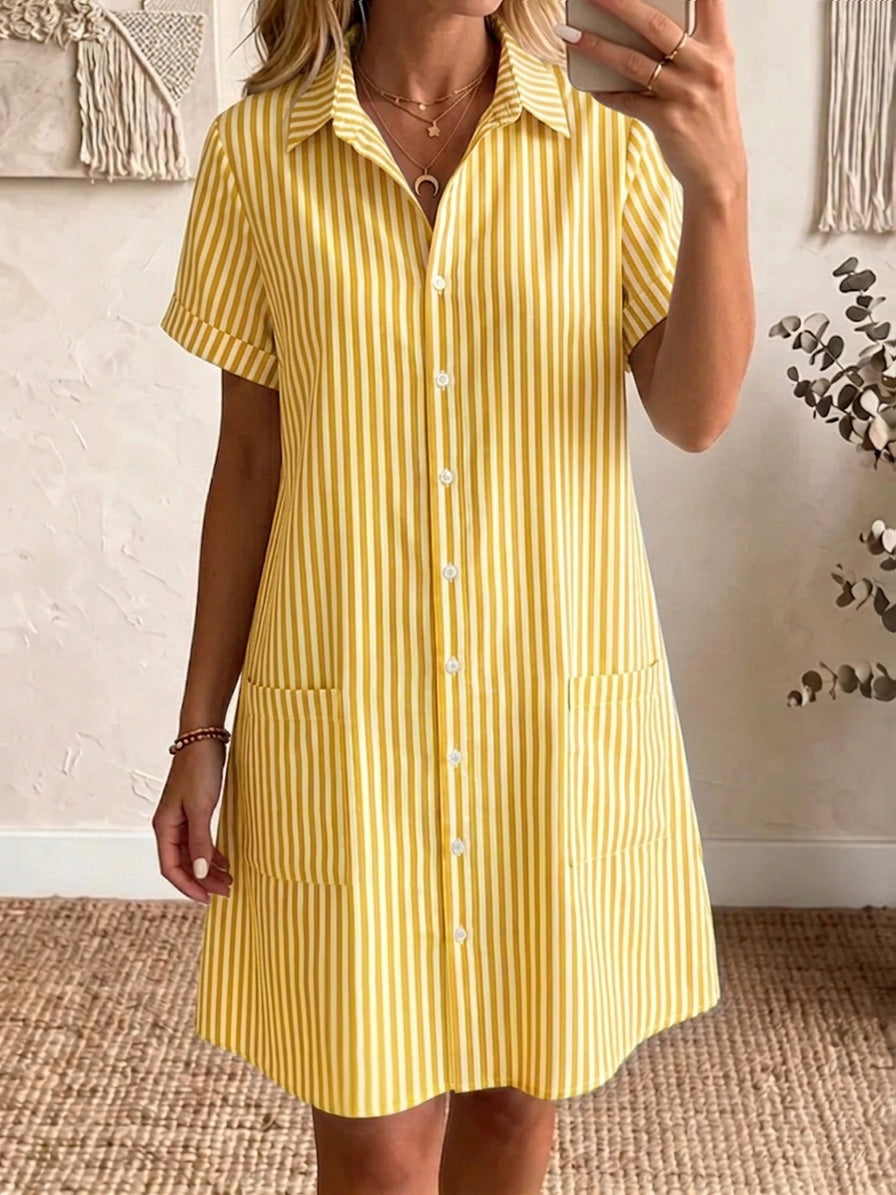 🎁New Arrivals🔥Women's Cozy Lapel Classic Striped Cotton Linen Shirt Dress