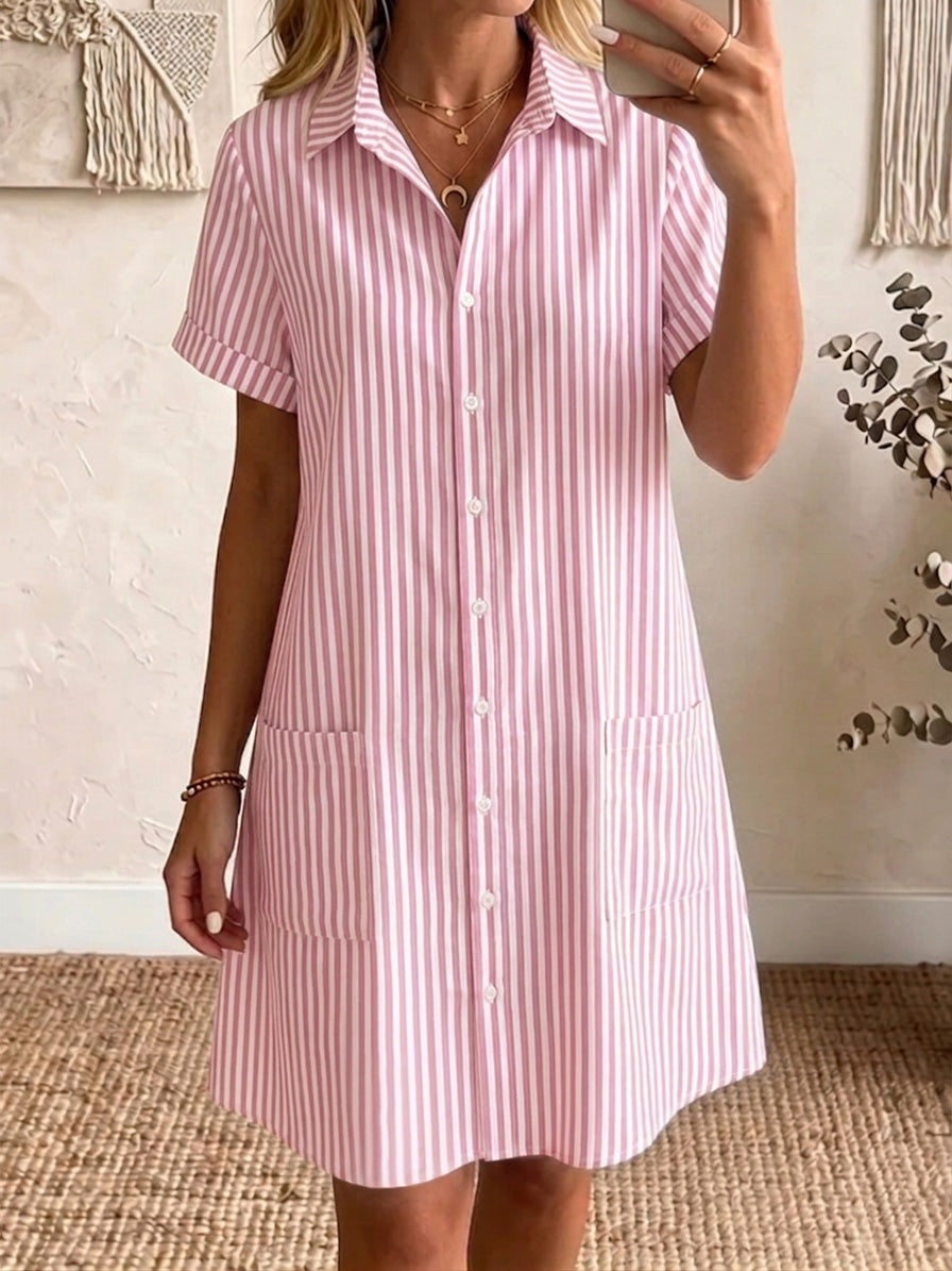 🎁New Arrivals🔥Women's Cozy Lapel Classic Striped Cotton Linen Shirt Dress