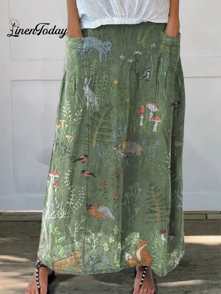 Woodland And Animals Pattern Printed Women's Linen Pocket Skirt