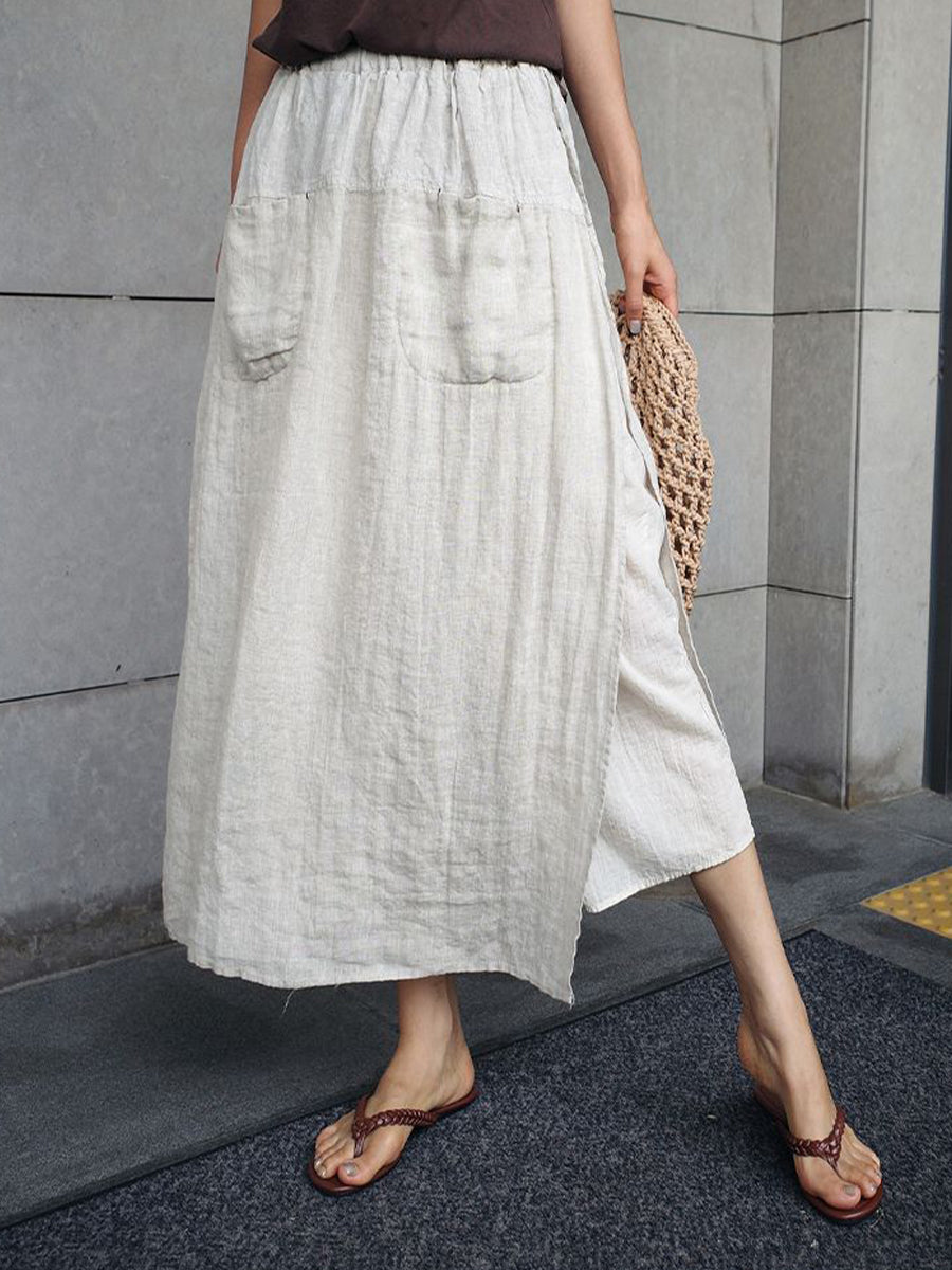Women's Fake Two-piece Stitching One-piece Culottes Cotton and Linen Slit Casual Wide-leg Pants