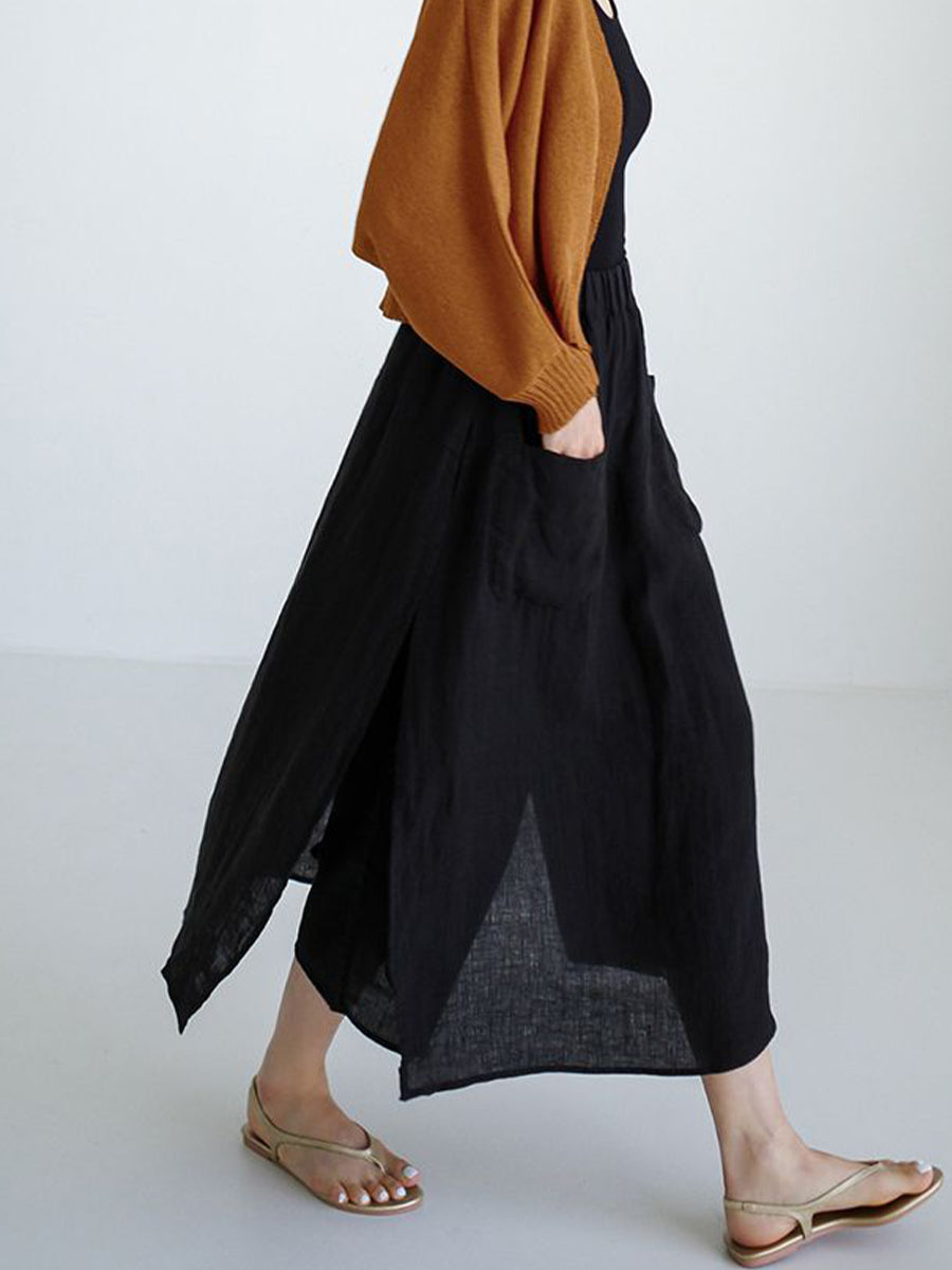 Women's Fake Two-piece Stitching One-piece Culottes Cotton and Linen Slit Casual Wide-leg Pants