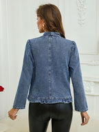 Ruffle Trim Open-Front Denim Jacket – Lightweight Washed Denim