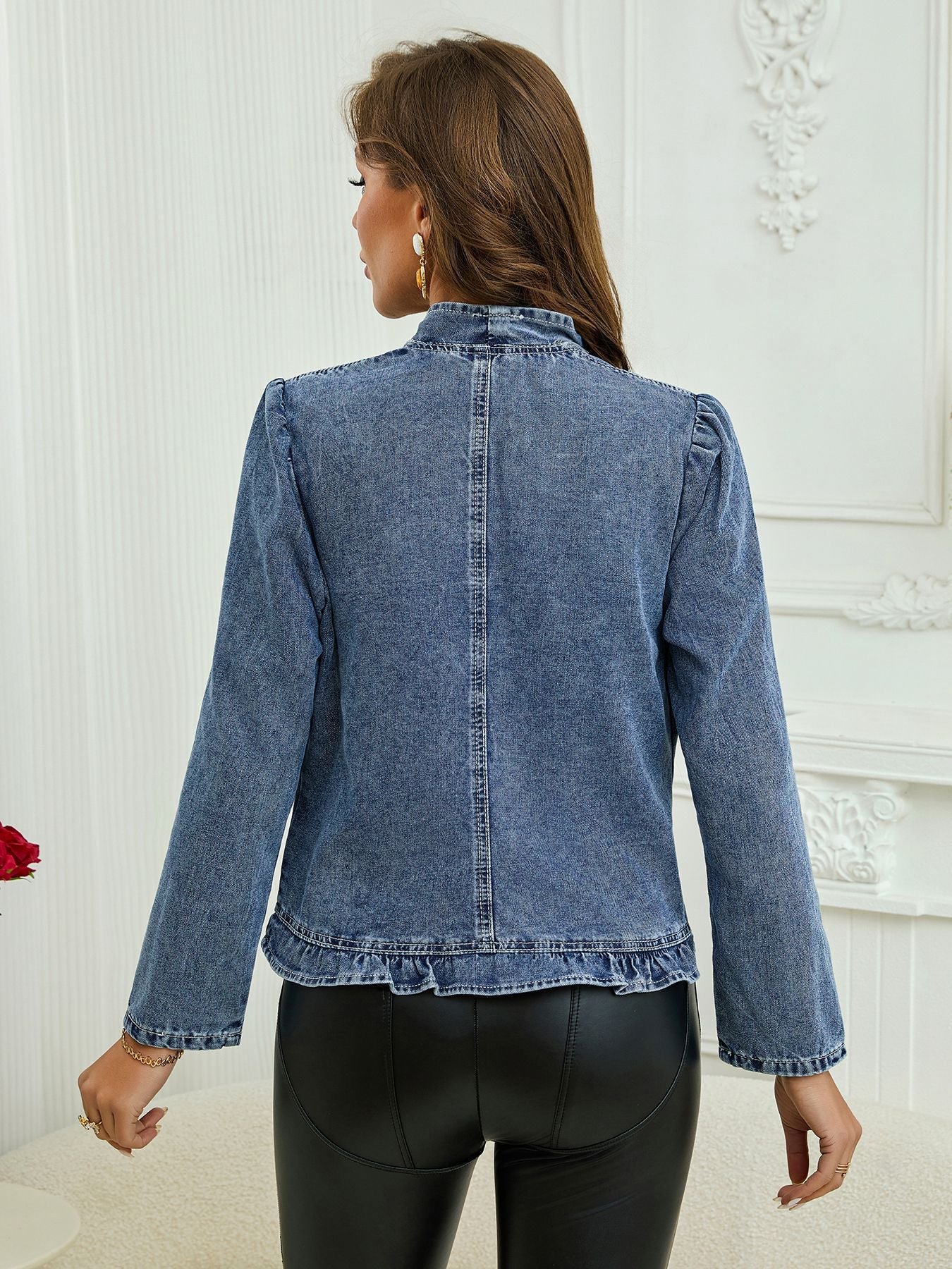 Ruffle Trim Open-Front Denim Jacket – Lightweight Washed Denim