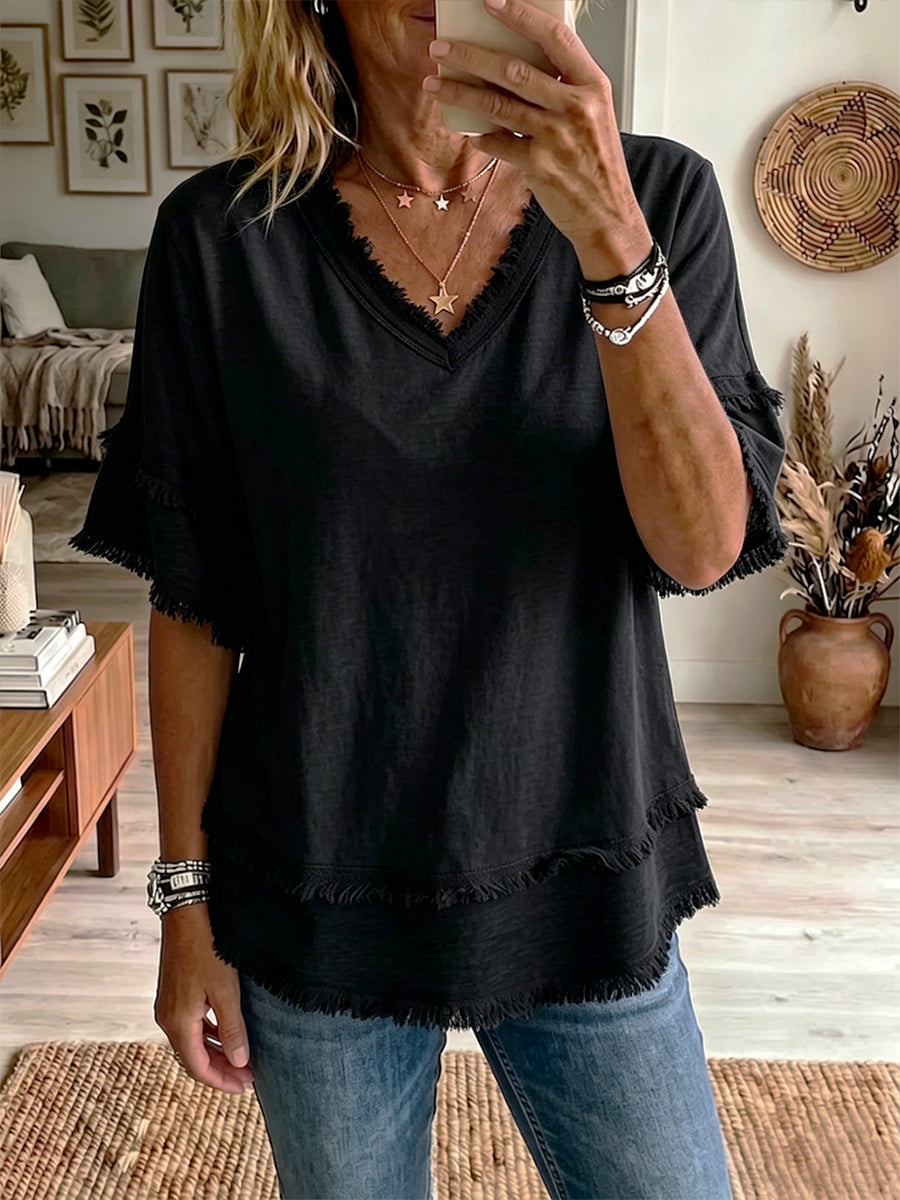 🌷Vintage Frayed V-Neck Linen Top