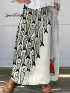 Be The Unique Fish Art Printed Women's Linen Pocket Skirt