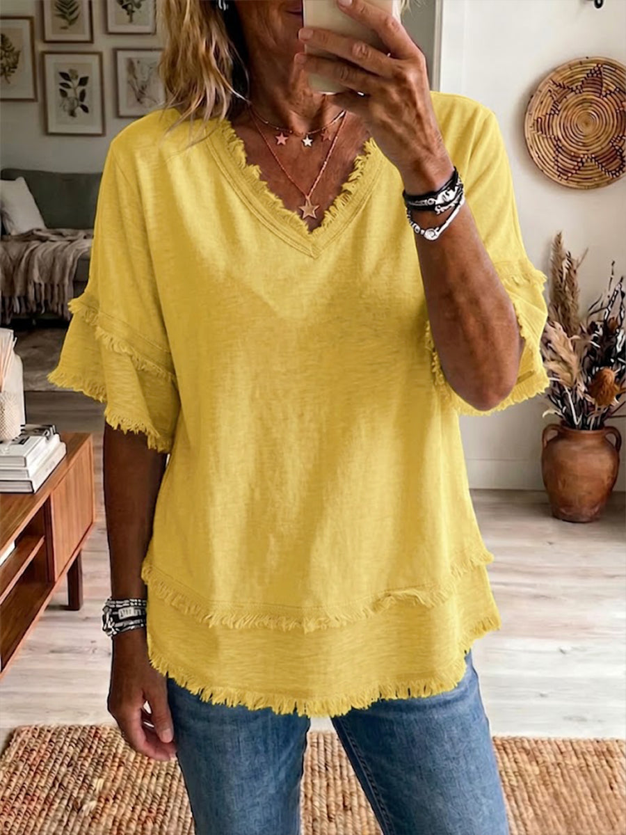 🌷Vintage Frayed V-Neck Linen Top