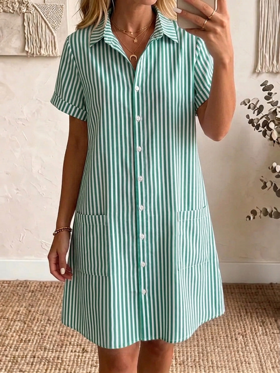 🎁New Arrivals🔥Women's Cozy Lapel Classic Striped Cotton Linen Shirt Dress
