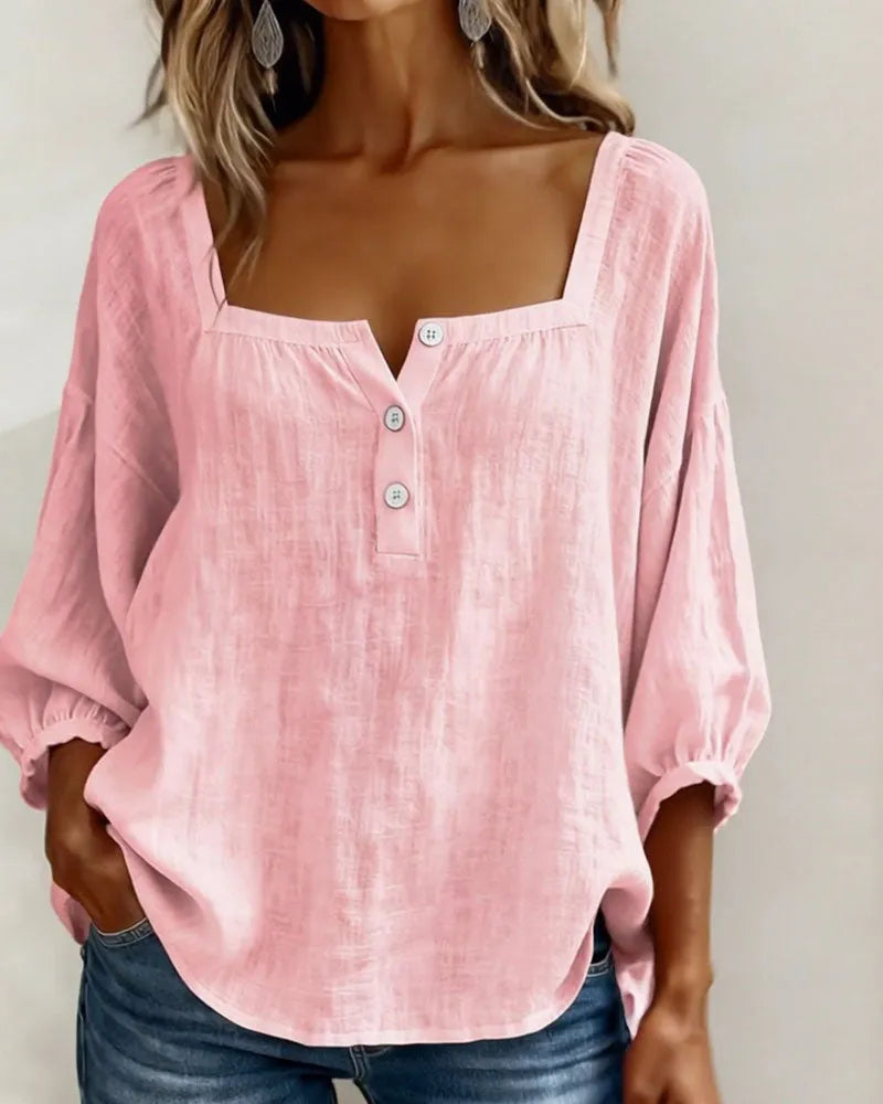 🎁New Arrivals🔥Pink Square-Neck Half-Button Shirt