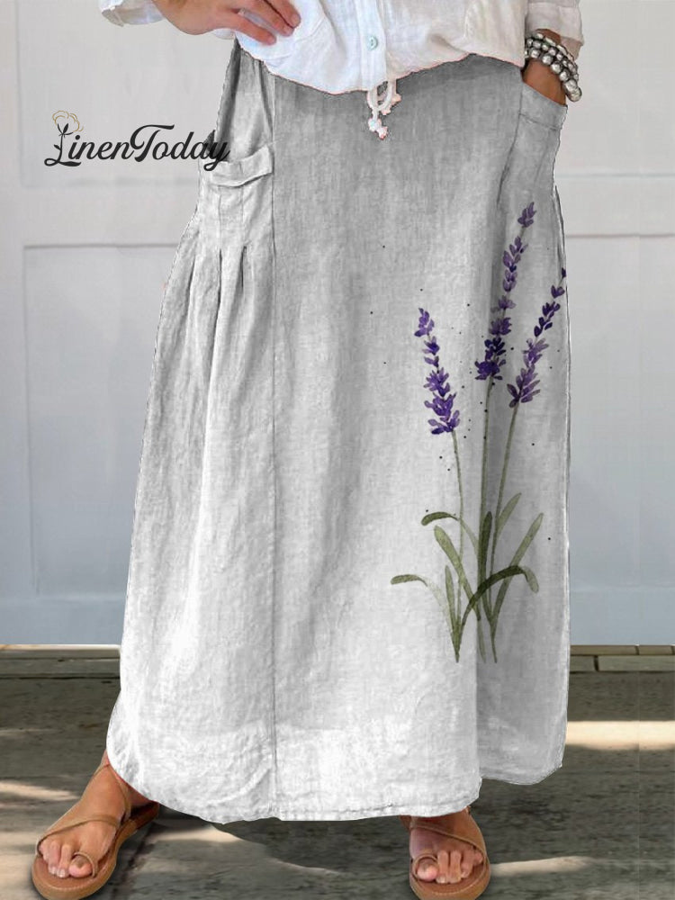 Watercolor Lavender Floral Printed Women's Linen Pocket Skirt