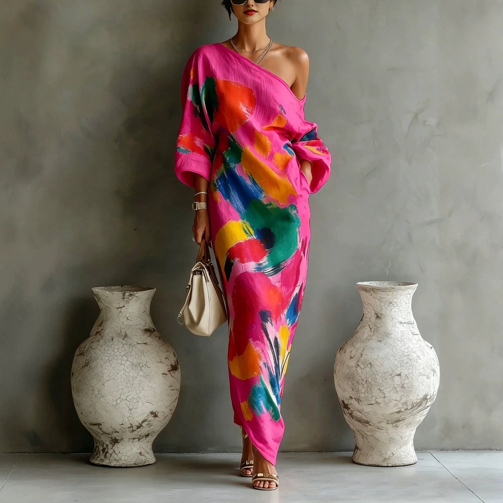 🌷🌷Women's Artistic Print One-shoulder Maxi Dress