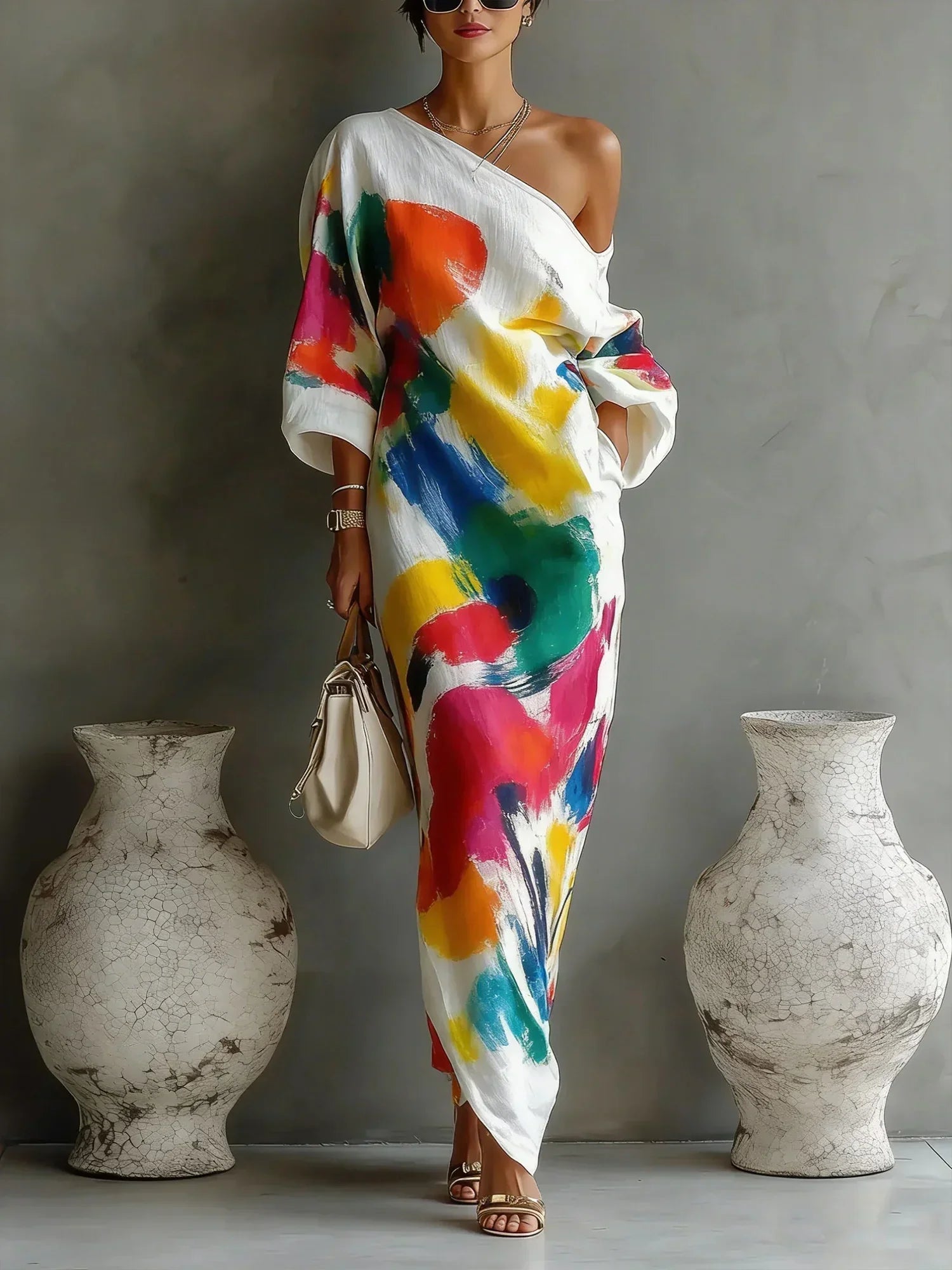 🌷🌷Women's Artistic Print One-shoulder Maxi Dress