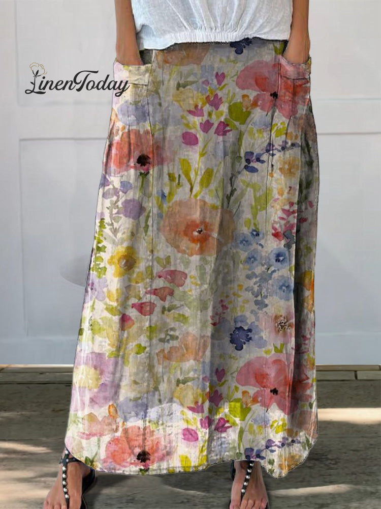 Women's Lovely Watercolor Floral Art Print Casual Linen Pocket Skirt
