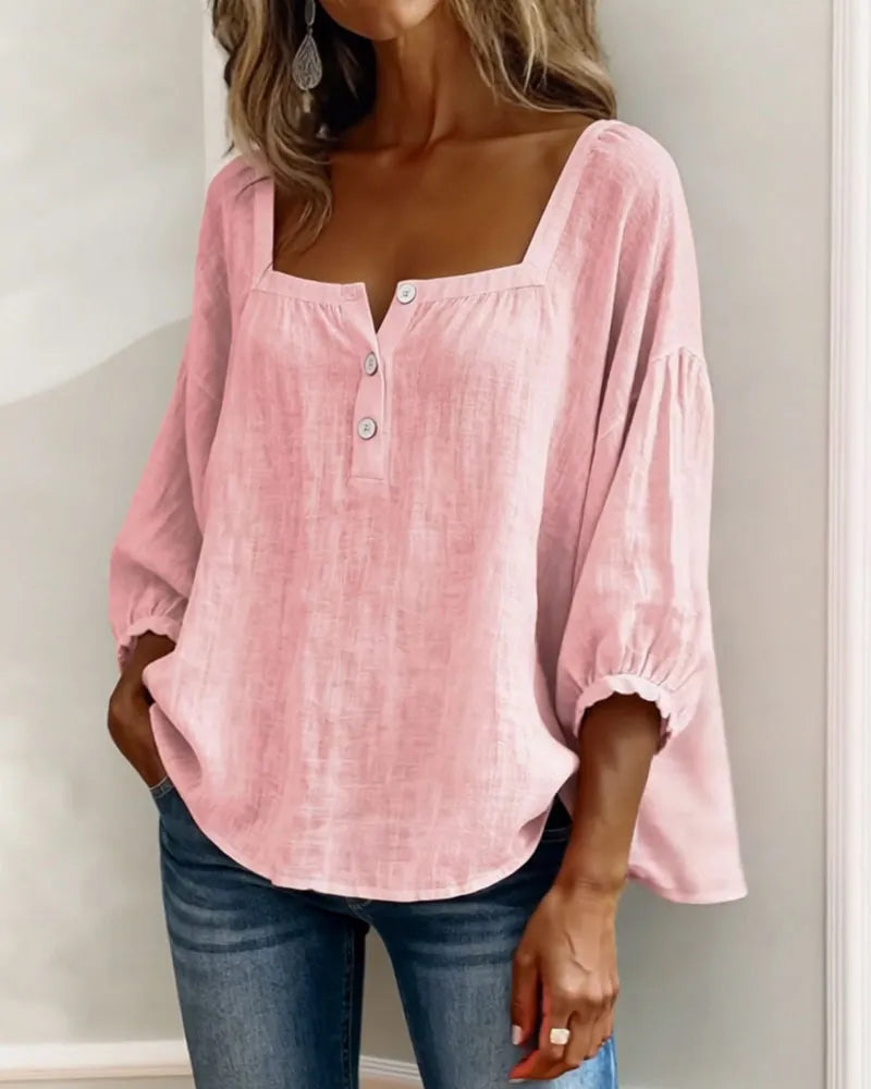 🎁New Arrivals🔥Pink Square-Neck Half-Button Shirt