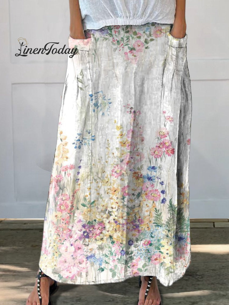 Women's Vintage Botanical Floral Linen Pocket Skirt