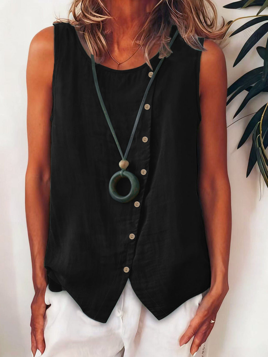 🌷Women's Bohemian Style Camisole Top, Asymmetric Buckle Design, Round Neck, Regular Length Casual  Summer