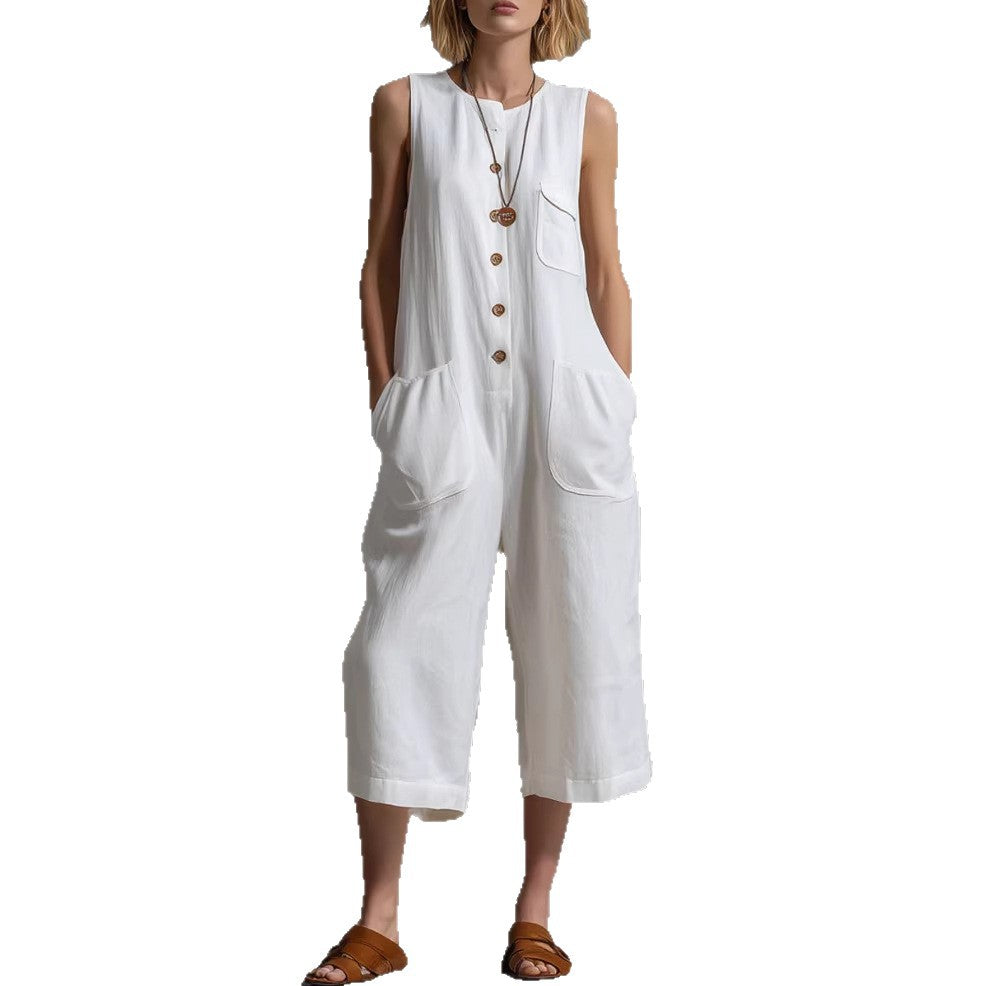 🌷Retro Sleeveless Cotton-Linen Wide-Leg Cropped Jumpsuit