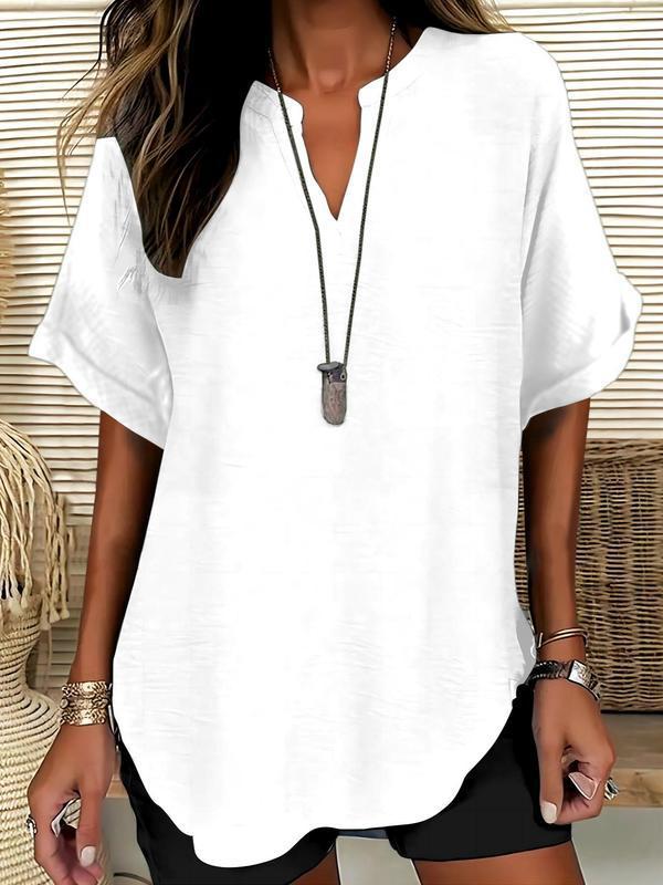 📦📦LAST DAY SAVE 49% ⏰Women's Plain Short Sleeve Blouse, Casual Solid Color Top for Daily Wear, Ladies Clothes for All Seasons