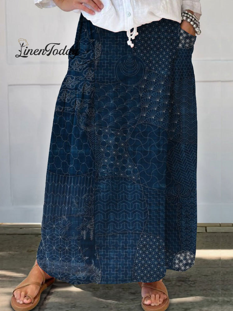 Women's  Japanese Art Print Linen Pocket Skirt