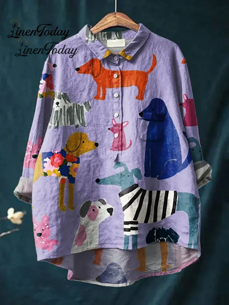 Women's  Dog Art  Print   Linen Pocket Skirt