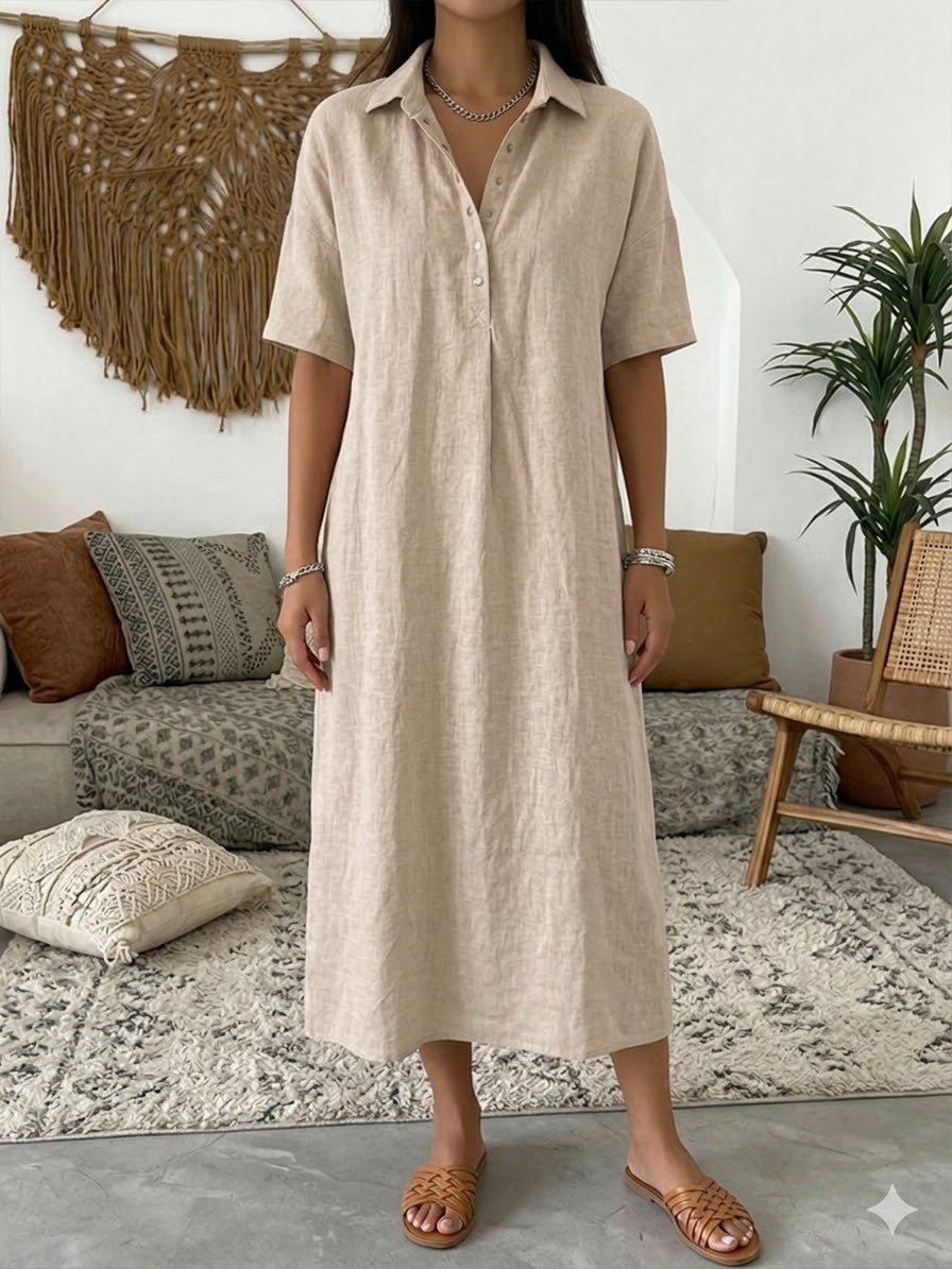 🌷Women's Short-Sleeve Cotton-Linen Polo Dress