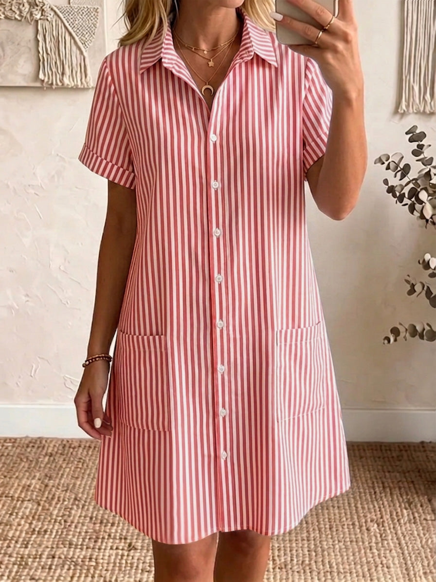 🎁New Arrivals🔥Women's Cozy Lapel Classic Striped Cotton Linen Shirt Dress