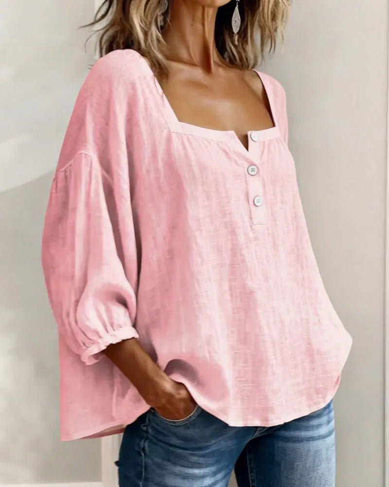 🎁New Arrivals🔥Pink Square-Neck Half-Button Shirt