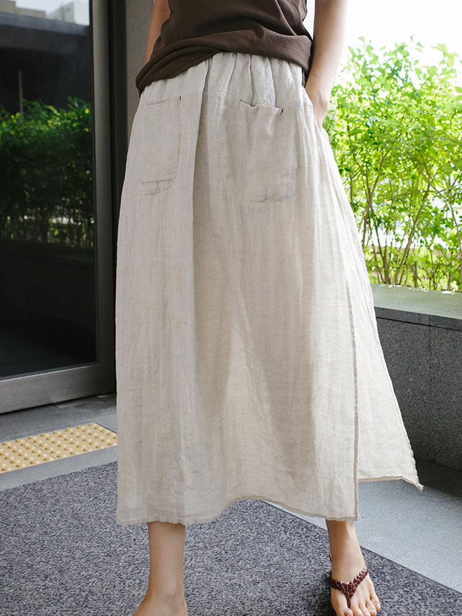 Women's Fake Two-piece Stitching One-piece Culottes Cotton and Linen Slit Casual Wide-leg Pants