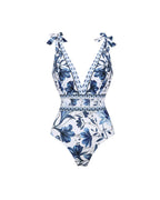 💝💝V Neck Lace Up Printed One Piece Swimsuit and Skirt