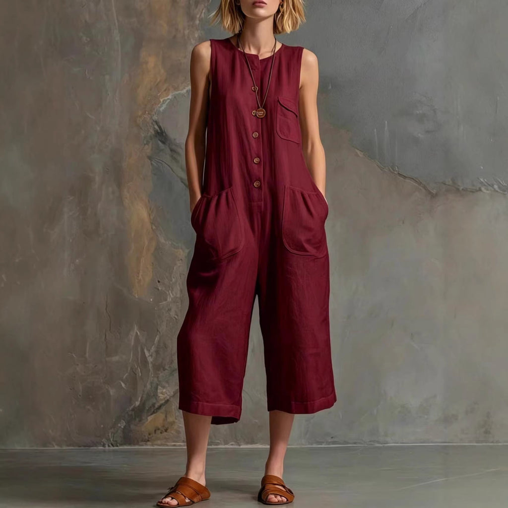 🌷Retro Sleeveless Cotton-Linen Wide-Leg Cropped Jumpsuit