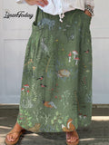 Woodland And Animals Pattern Printed Women's Linen Pocket Skirt