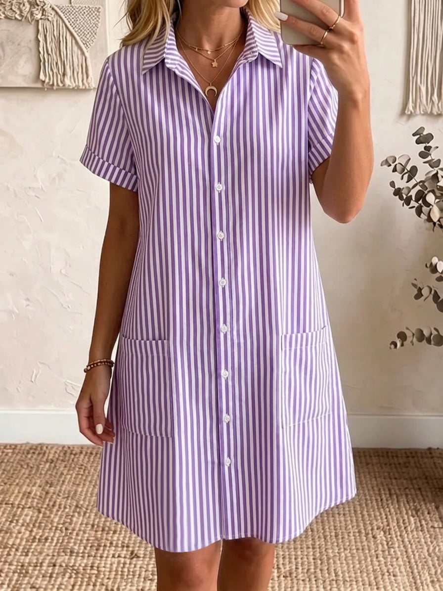 🎁New Arrivals🔥Women's Cozy Lapel Classic Striped Cotton Linen Shirt Dress